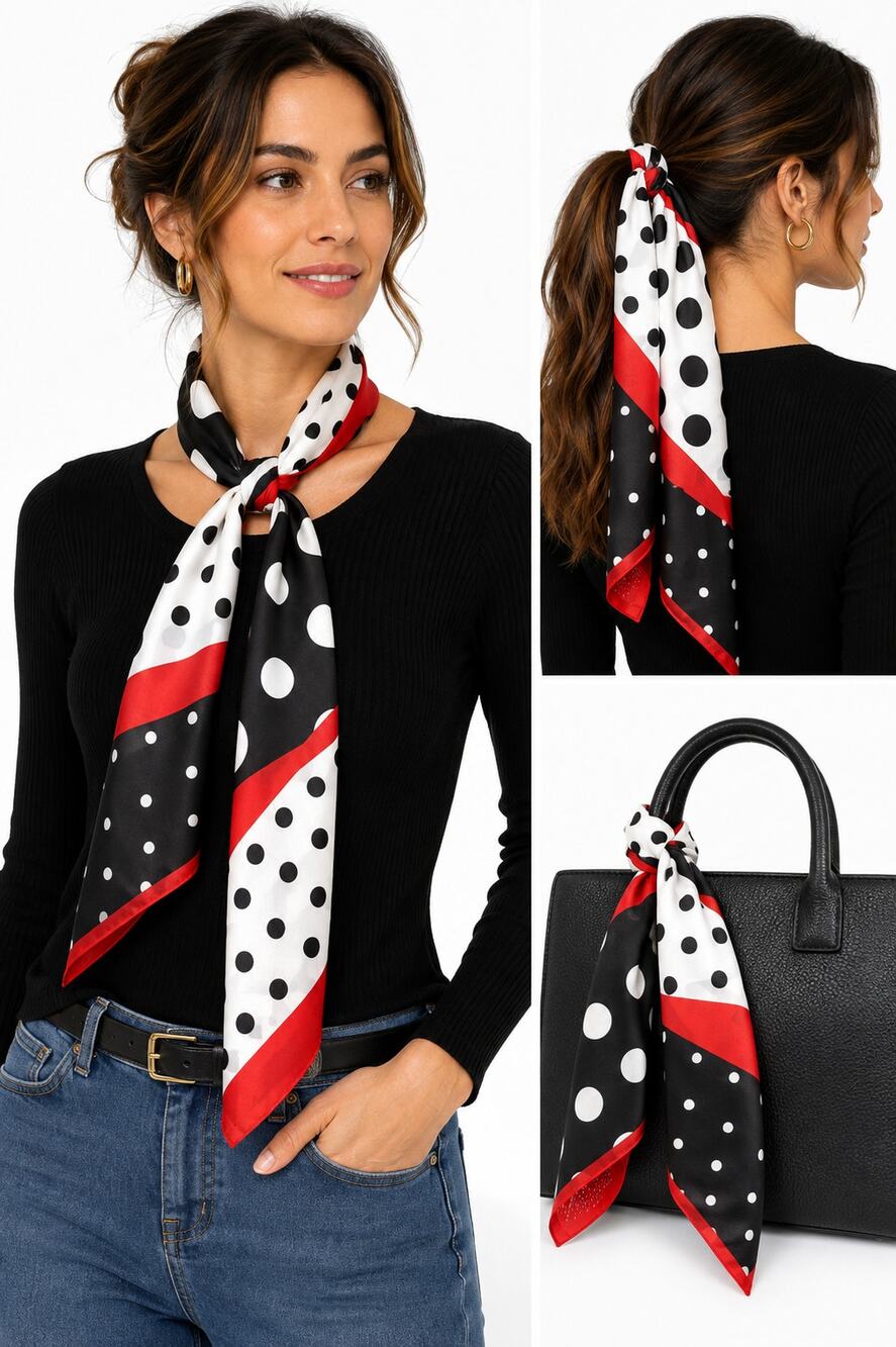 Avon Long Skinny Scarf Black White Red Polka Dot Geometric 12x62 Retro